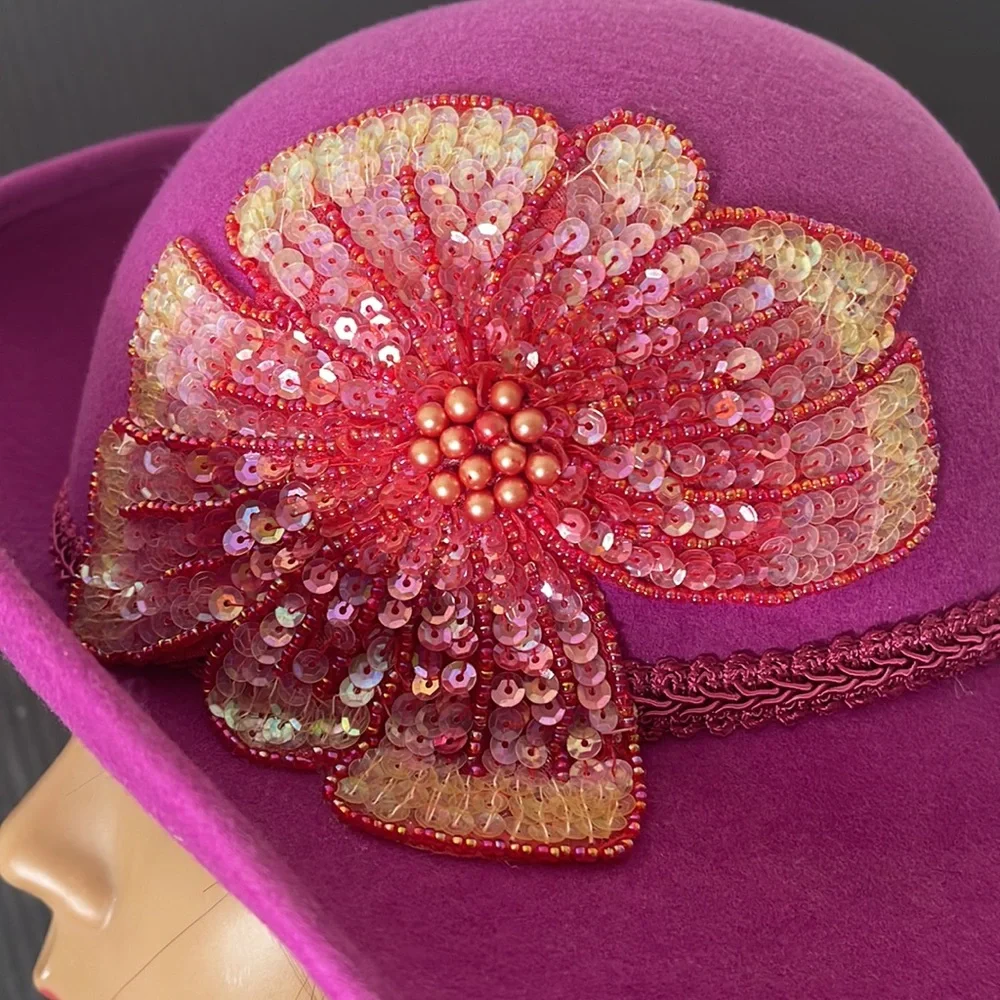 Vintage Fushia Wool Hat with Flower - Picture 5 of 16